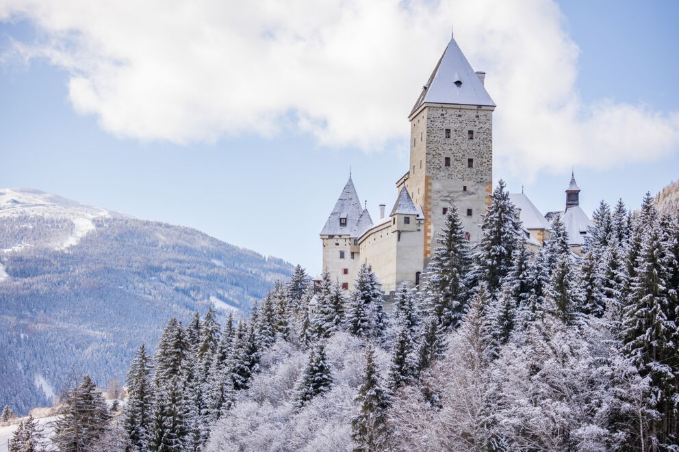 Moosham Castle in the Salzburger Land lies imposingly atop a hill, surrounded by forest.