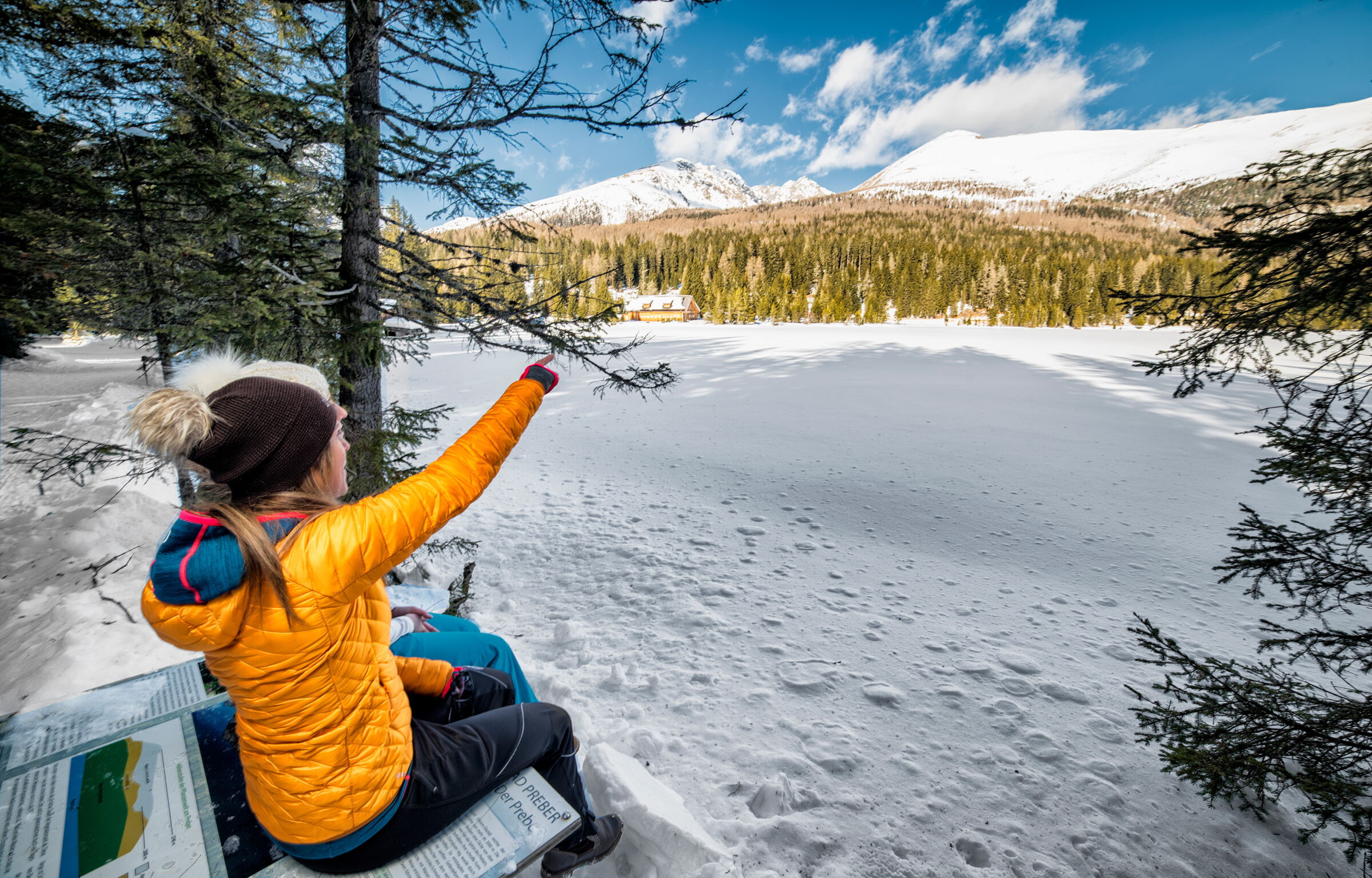 Frau in bunter Jacke zeigt auf schneebedeckte Landschaft mit Bergen und Wald.