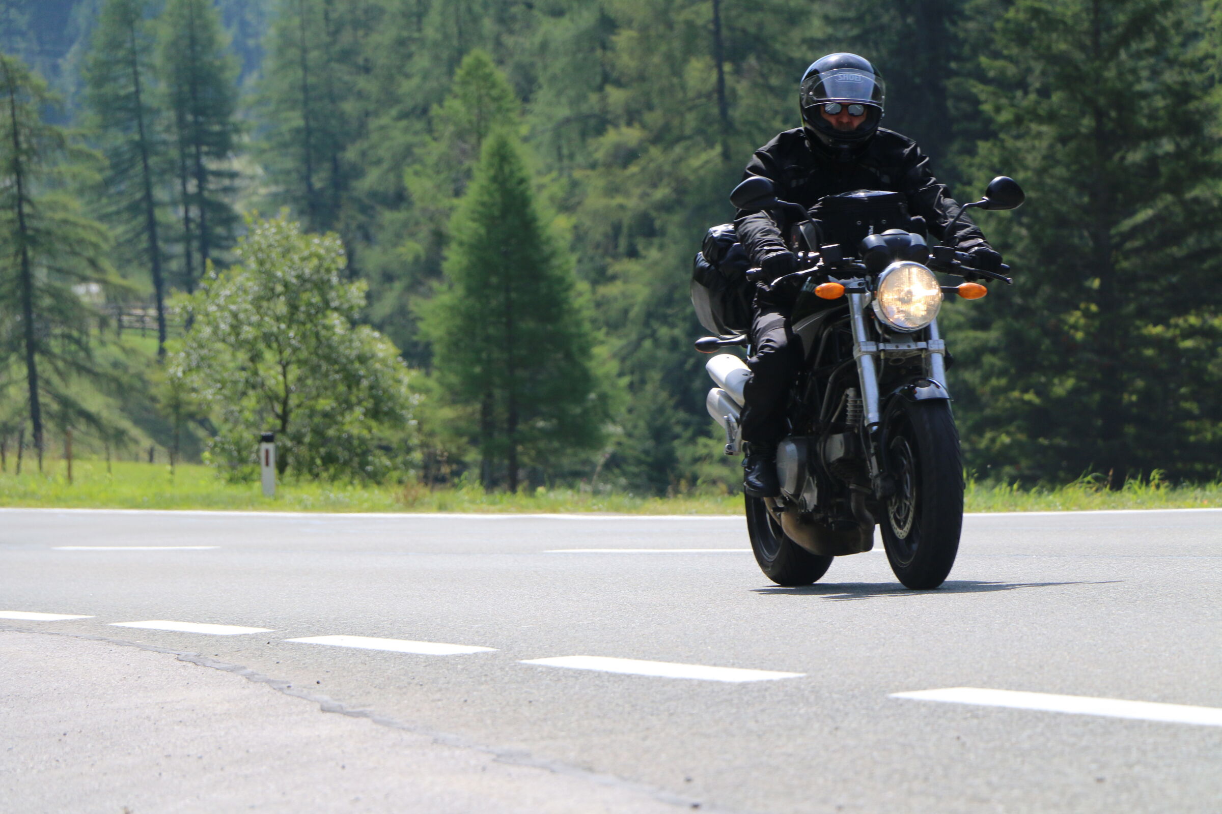 Motorradfahrer auf kurviger Straße, umgeben von üppigem Wald und strahlendem Sonnenschein.