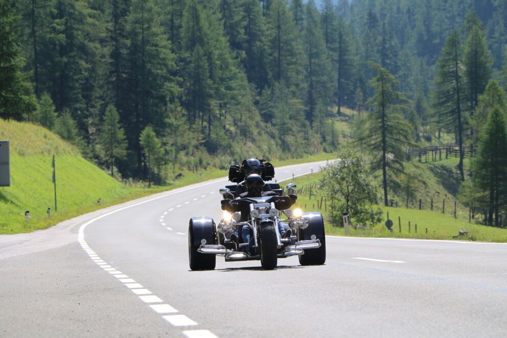 Motorradfahrer auf gewundener Bergstraße durch dichten, grünen Wald bei sonnigem Wetter.