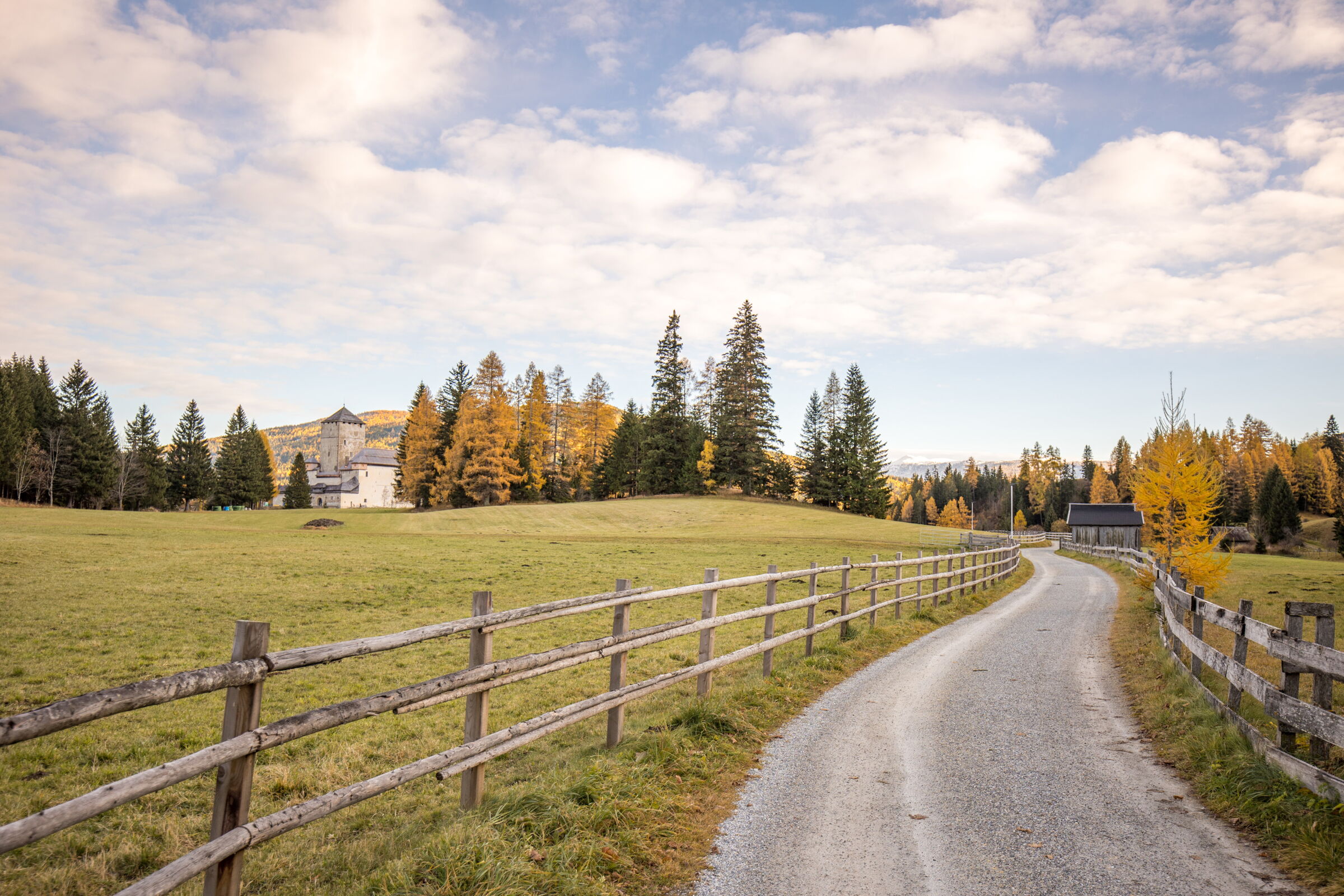 Weg durch grüne Wiesen mit Herbstbäumen und Bergkulisse im Hintergrund.
