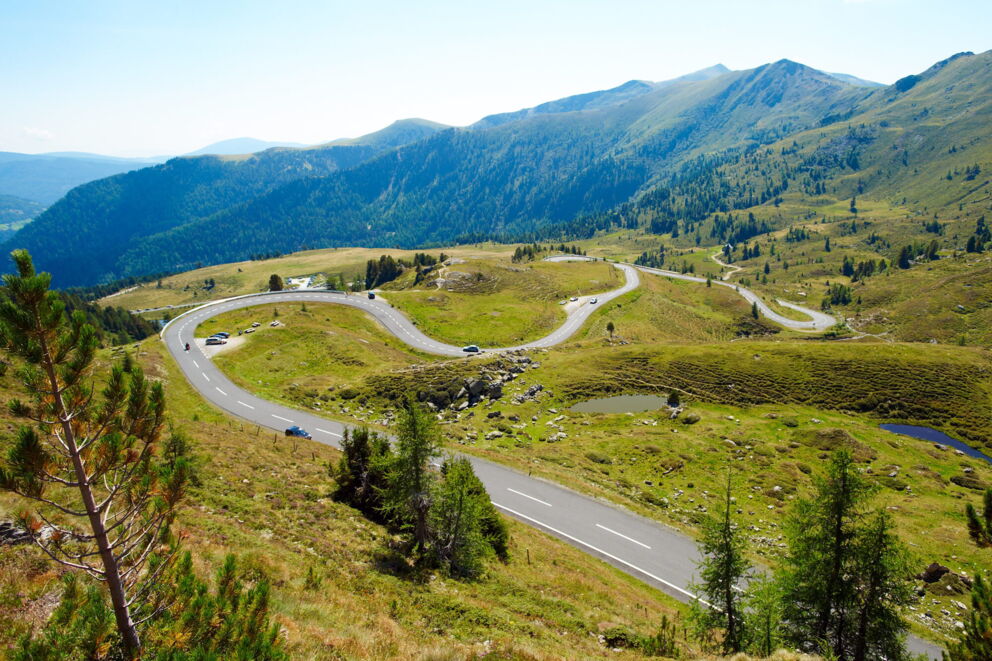 Kurvenreiche Straße in alpiner Landschaft mit grünen Wiesen und bewaldeten Bergen.